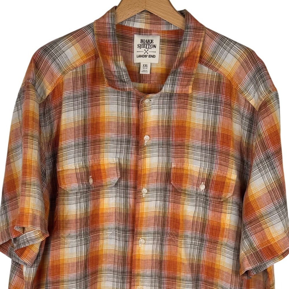 Lands‎ End Blake Shelton Mens XXL Orange Plaid 100% Linen Short Sleeve Shirt